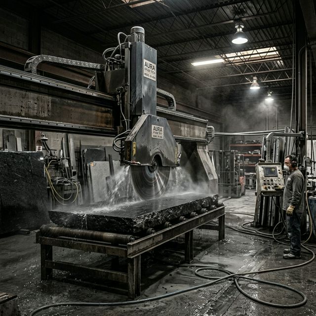 Diamond bridge saw cutting granite slab